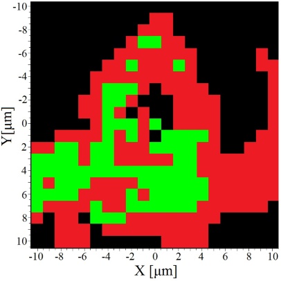 2D map created by Raman microspectroscopy shows distribution of graphite (red) and multilayer graphene (green) on surface of sample.
