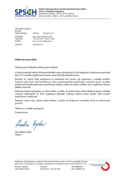 Dopis poděkování za praxe RED Dopis poděkování za praxe RED